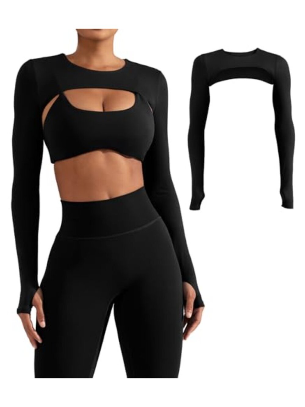 Women Cropped Long Sleeve Open Front Workout Shrug Thumb Holes